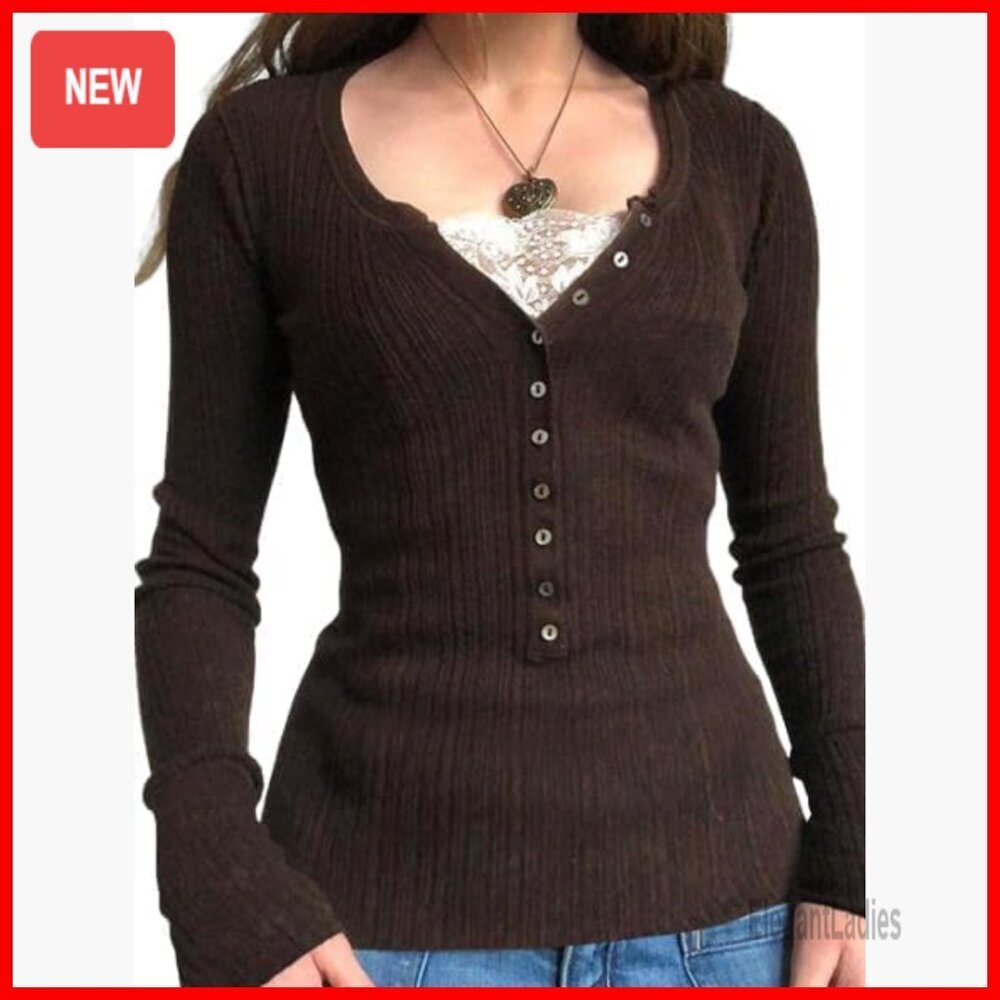 Long Sleeve Henley Top V Neck Button Ribbed Knit Slim Fit Tunic Blouse